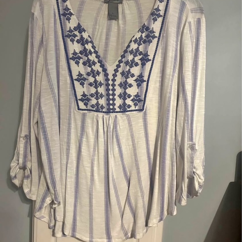 ISO!! DO NOT BUY! ISO Women's Blue and White Embroidered Top
